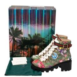 Pre Owned Gucci Multicolor Floral Print GG Supreme Combat Ankle Boots Size 37.5