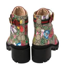 Pre Owned Gucci Multicolor Floral Print GG Supreme Combat Ankle Boots Size 37.5