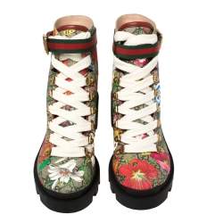 Pre Owned Gucci Multicolor Floral Print GG Supreme Combat Ankle Boots Size 37.5