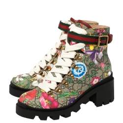 Pre Owned Gucci Multicolor Floral Print GG Supreme Combat Ankle Boots Size 37.5