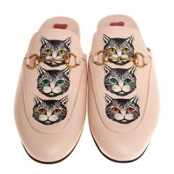 مملوكة مسبقًا Gucci Pink Leather Mystic Cat Princetown Mule Sandals Size 37