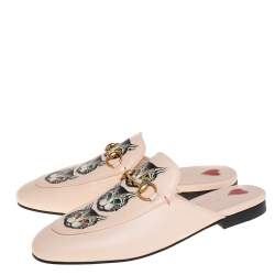 مملوكة مسبقًا Gucci Pink Leather Mystic Cat Princetown Mule Sandals Size 37