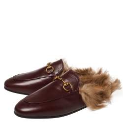 مملوكة مسبقًا حذاء مولز غوتشي هورسبيت برنستاون بطانة فرو جلد عنابي مقاس 37