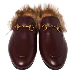 مملوكة مسبقًا حذاء مولز غوتشي هورسبيت برنستاون بطانة فرو جلد عنابي مقاس 37