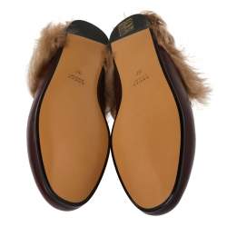 مملوكة مسبقًا حذاء مولز غوتشي هورسبيت برنستاون بطانة فرو جلد عنابي مقاس 37