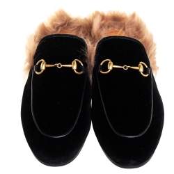 مملوكة مسبقًا Gucci Black Velvet And Fur Princetown Sandals Size 38