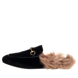 مملوكة مسبقًا Gucci Black Velvet And Fur Princetown Sandals Size 38