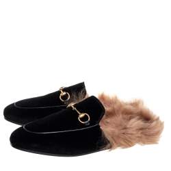 مملوكة مسبقًا Gucci Black Velvet And Fur Princetown Sandals Size 38