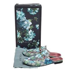 Pre Owned Gucci Blue/Grey GG Canvas Floral Print Princetown Mules Size 37