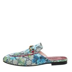 Pre Owned Gucci Blue/Grey GG Canvas Floral Print Princetown Mules Size 37