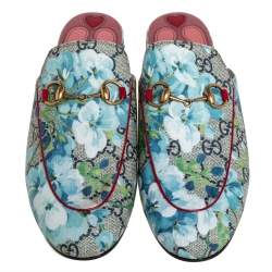 Pre Owned Gucci Blue/Grey GG Canvas Floral Print Princetown Mules Size 37