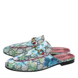 Pre Owned Gucci Blue/Grey GG Canvas Floral Print Princetown Mules Size 37