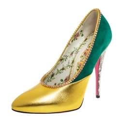 Gucci Gold/ Green Suede And Leather Crystal Embellished Pumps