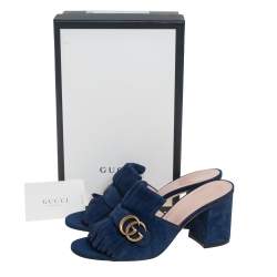 مملوكة مسبقًا صندل غوتشي كعب عريض تفاصيل شراشيب مارمونت جي جي سويدي أزرق مقاس 40.5