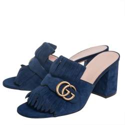 مملوكة مسبقًا صندل غوتشي كعب عريض تفاصيل شراشيب مارمونت جي جي سويدي أزرق مقاس 40.5