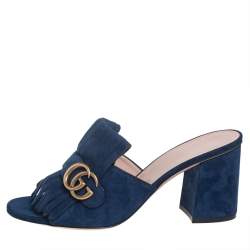 مملوكة مسبقًا صندل غوتشي كعب عريض تفاصيل شراشيب مارمونت جي جي سويدي أزرق مقاس 40.5