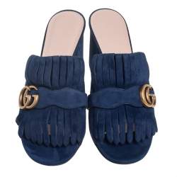 مملوكة مسبقًا صندل غوتشي كعب عريض تفاصيل شراشيب مارمونت جي جي سويدي أزرق مقاس 40.5