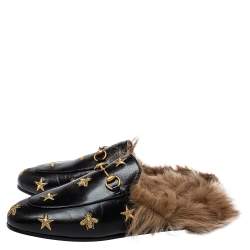 Pre Owned Gucci Black Bee And Star Embroidered Leather Fur Lined Princetown Mules Size 40