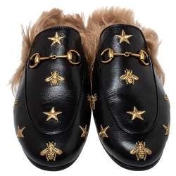 Pre Owned Gucci Black Bee And Star Embroidered Leather Fur Lined Princetown Mules Size 40