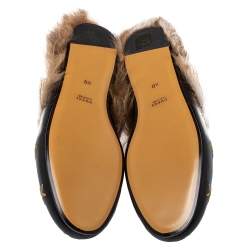 Pre Owned Gucci Black Bee And Star Embroidered Leather Fur Lined Princetown Mules Size 40