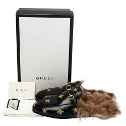 Pre Owned Gucci Black Bee And Star Embroidered Leather Fur Lined Princetown Mules Size 40