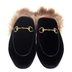 مملوكة مسبقًا حذاء سلايد غوتشي برينستاون مبطن بفرو أسود قطيفة مقاس 39