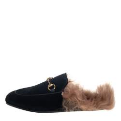 مملوكة مسبقًا حذاء سلايد غوتشي برينستاون مبطن بفرو أسود قطيفة مقاس 39