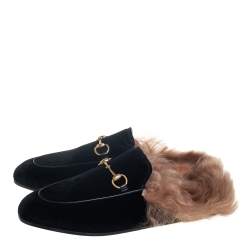 مملوكة مسبقًا حذاء سلايد غوتشي برينستاون مبطن بفرو أسود قطيفة مقاس 39