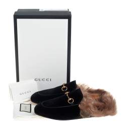 مملوكة مسبقًا حذاء سلايد غوتشي برينستاون مبطن بفرو أسود قطيفة مقاس 39