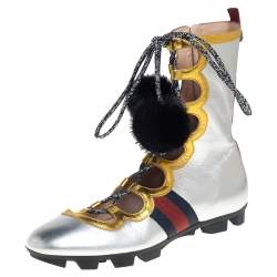 Pre Owned Gucci Metallic Silver/Gold Titan Gladiator Sneakers Size 38