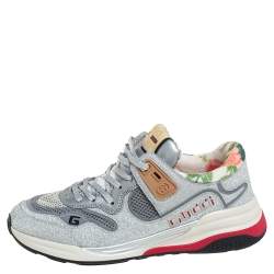 Gucci Silver/Grey Glitter And Mesh Ultrapace Low Top Sneakers Size 37.5