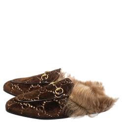 مملوكة مسبقًا Gucci Brown Velvet, Fur Princetown Mule Sandals Size 39