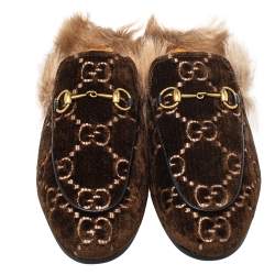 مملوكة مسبقًا Gucci Brown Velvet, Fur Princetown Mule Sandals Size 39
