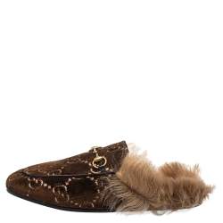 مملوكة مسبقًا Gucci Brown Velvet, Fur Princetown Mule Sandals Size 39