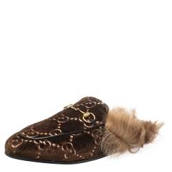 مملوكة مسبقًا Gucci Brown Velvet, Fur Princetown Mule Sandals Size 39