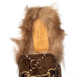مملوكة مسبقًا Gucci Brown Velvet, Fur Princetown Mule Sandals Size 39