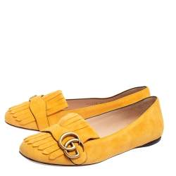 مملوكة مسبقًا Gucci Yellow Suede GG Marmont Fringe Detail Ballet Flats Size 37