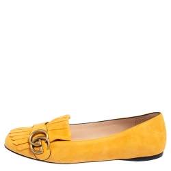 مملوكة مسبقًا Gucci Yellow Suede GG Marmont Fringe Detail Ballet Flats Size 37