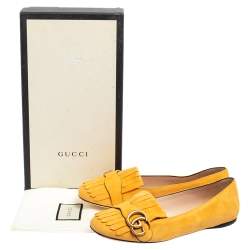 مملوكة مسبقًا Gucci Yellow Suede GG Marmont Fringe Detail Ballet Flats Size 37