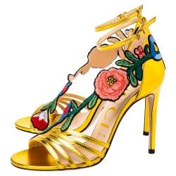 Pre Owned Gucci Gold Leather Ophelia Floral Embroidered Ankle Strap Sandals Size 37.5