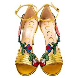 Pre Owned Gucci Gold Leather Ophelia Floral Embroidered Ankle Strap Sandals Size 37.5