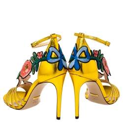 Pre Owned Gucci Gold Leather Ophelia Floral Embroidered Ankle Strap Sandals Size 37.5