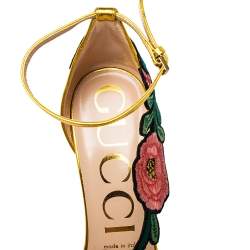 Pre Owned Gucci Gold Leather Ophelia Floral Embroidered Ankle Strap Sandals Size 37.5