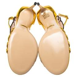 Pre Owned Gucci Gold Leather Ophelia Floral Embroidered Ankle Strap Sandals Size 37.5