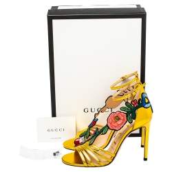 Pre Owned Gucci Gold Leather Ophelia Floral Embroidered Ankle Strap Sandals Size 37.5