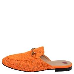 مملوكة مسبقًا Gucci Orange Lace And Leather Princetown Horsebit Mules Size 40