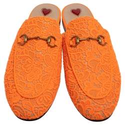 مملوكة مسبقًا Gucci Orange Lace And Leather Princetown Horsebit Mules Size 40