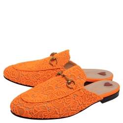 مملوكة مسبقًا Gucci Orange Lace And Leather Princetown Horsebit Mules Size 40