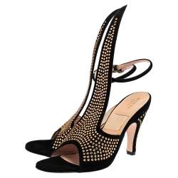 Gucci Black Suede Crystal Embellished Cone Heel Ankle Strap Sandals Size 37