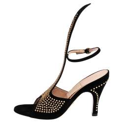 Gucci Black Suede Crystal Embellished Cone Heel Ankle Strap Sandals Size 37